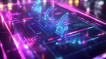 A vivid display of computer technology features intricate bio-inspired elements in a vibrant neon setting. photo