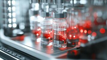 In a high-tech laboratory, glass vials filled with vibrant red substances are illuminated by soft lighting. photo