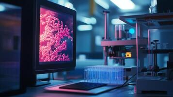 A detailed workstation featuring a computer monitor displaying intricate molecular structures. photo