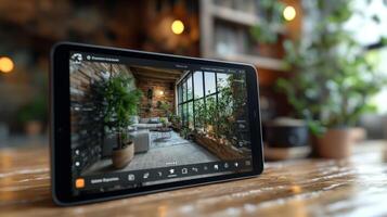 A tablet rests on a wooden table, showcasing a beautifully designed indoor space featuring plants, comfortable seating, and warm lighting. The setting is inviting and serene. photo