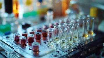 A modern laboratory setup showcases an array of test tubes filled with colorful liquids. The scene highlights advanced biotechnology tools and equipment used for research in a well-lit environment. photo