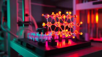 A detailed display of an advanced bio-computer setup featuring a molecular model glowing with vibrant colors. photo