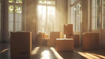 Bright sunlight filters through large windows illuminating several cardboard boxes scattered in an empty room. photo