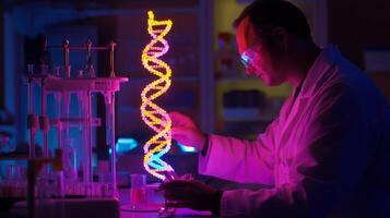 A scientist in a lab coat examines a vibrant, illuminated DNA helix model. photo