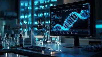 A computer monitor displaying a 3D model of a DNA double helix is set on a laboratory desk with glass beakers and scientific equipment. photo