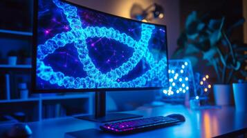 A computer screen displays a vibrant, glowing representation of DNA strands, showcasing the fusion of artificial intelligence with biotechnology. photo