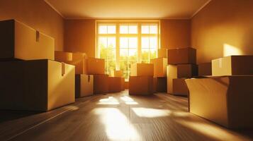 A warm, sunlit room showcases an array of cardboard boxes stacked neatly. photo