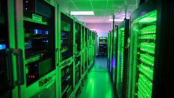 Inside a cutting-edge facility dedicated to artificial intelligence and bio-computing, rows of servers emit a green glow. photo