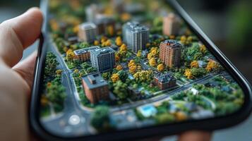 A hand holds a smartphone displaying a vibrant cityscape resembling a miniature model. Autumn colors fill the landscape with various buildings and trees, showcasing urban life. photo
