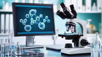 A modern laboratory features a sophisticated microscope connected to a computer. The screen displays intricate molecular structures, illustrating a focused study on biological or chemical research. photo