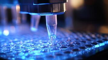 Laboratory setup focused on bioinformatics where a precision pipette is dispensing liquid into microtiter plates under blue lighting. The technology emphasizes automation in biological research. photo