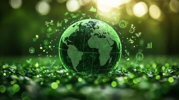 A glowing green globe surrounded by symbols of sustainability is displayed above a carpet of vibrant green foliage, showcasing the importance of eco-friendly practices and awareness. photo