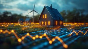 A modern, energy-efficient house sits in a landscape illuminated by glowing data patterns. Nearby, a wind turbine spins softly under a dusky sky, symbolizing sustainable living. photo