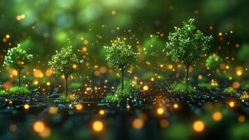 Miniature trees stand on a digital circuit board surrounded by shimmering lights, illustrating the harmony between nature and technology in a vibrant, surreal environment. photo