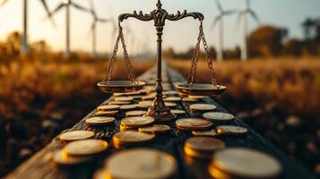 Coins are scattered on a rustic wooden surface with a balance scale set centrally. photo