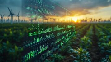 Green crops thrive under a vibrant sunset, with wind turbines spinning in the distance. Digital data visualization overlays the fields, showcasing technological advancements in farming. photo