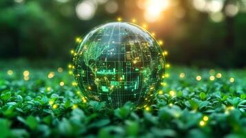 A transparent globe with digital elements displays data and connections, resting on lush green plants. The setting sun casts a warm glow, highlighting the balance between nature and technology. photo