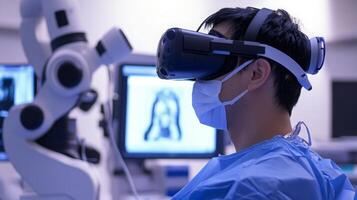 A researcher wearing a virtual reality headset engages in a computer-based experiment. photo