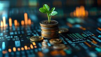 Stacks of coins are arranged on a digital financial background. A small green plant is growing from the top stack, symbolizing growth and sustainability in finance. photo