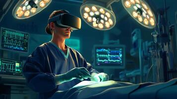 A medical professional wearing a virtual reality headset engages in a surgical procedure, surrounded by monitors displaying vital signs and data. photo