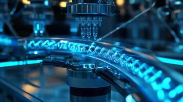 In a biotechnology research facility, automated robotic systems are busily processing liquid samples through a transparent tube. photo
