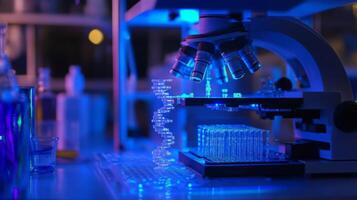 In a dimly lit biotechnology lab at night, a microscope illuminates a glowing DNA strand. Surrounding glassware reflects blue light, enhancing the atmosphere of scientific inquiry and research. photo