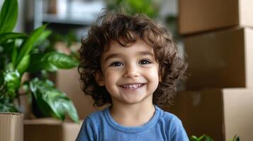 A joyful young child with curly hair smiles brightly while sitting among green plants and cardboard boxes. The lively atmosphere suggests a vibrant home setting, possibly during a moving process. photo