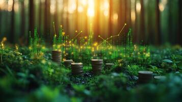 Amidst a vibrant forest at sunset, stacks of coins rise from the ground, surrounded by green foliage. Digital graphs and data visuals illustrate the growth of sustainable finance initiatives. photo
