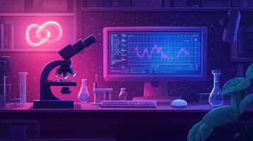 A computer monitor displays data analysis alongside a microscope and various laboratory glassware. The neon lights create a vibrant atmosphere that enhances the high-tech research environment. photo