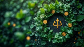 This visual features a golden trident symbolizing power and authority, encircled by lush green leaves and coins, highlighting the harmony between nature and wealth. photo