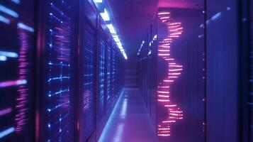 Futuristic technology fills the data center, illuminated by colorful LED lights. photo