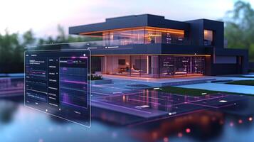 A sleek modern house features large glass walls and illuminated accents, surrounded by a serene landscape. Smart technology interfaces are visible, blending architecture and innovation seamlessly. photo