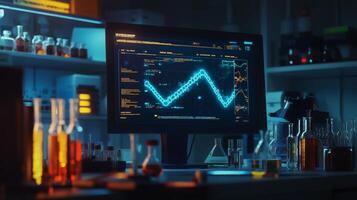A computer monitor is illuminated with bioinformatics data visuals in a dimly lit laboratory. photo