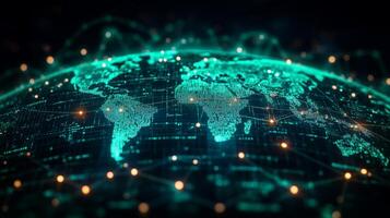 A detailed view of the world illuminated by a network of light points, showcasing global connections in a digital format against a dark background. photo