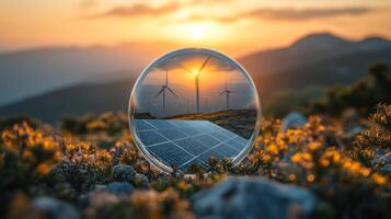 A glass orb captures the sunset, reflecting wind turbines and solar panels in a picturesque landscape. Surrounding flora adds color to the view at golden hour in a natural setting. photo