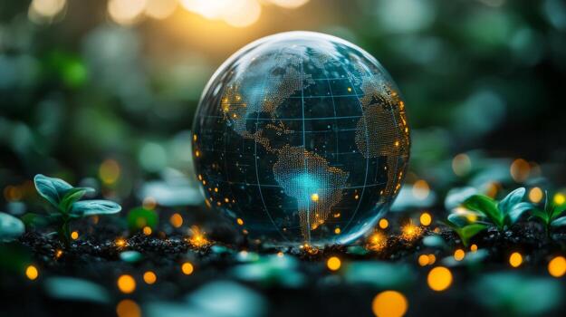 A glass globe displaying a map of the world rests on rich soil, illuminated by soft fairy lights. Surrounding it are vibrant green plants, creating a serene ambiance at dusk. photo