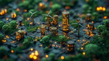 A miniature model showcases a futuristic city with illuminated buildings and wind turbines. Lush greenery surrounds energy-efficient structures, reflecting innovation in sustainable design. photo