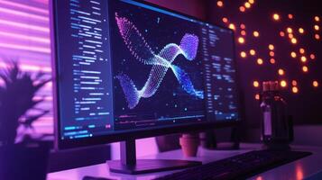 A vibrant display showcasing intricate data patterns is presented on a computer monitor in a well-lit workspace. photo