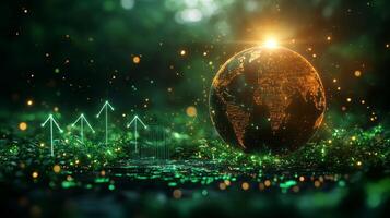 A glowing globe illuminated by sunlight shows continents with green hues. Upward arrows emerge from lush greenery, symbolizing environmental growth and sustainability in a vibrant natural setting. photo