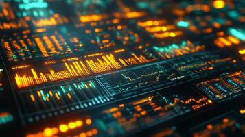 A vibrant display of data analytics showcasing glowing graphs and charts set against a dark background. The scene conveys a high-tech environment focused on information visualization. photo