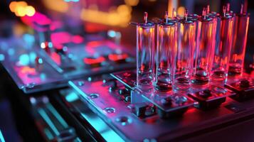 A cutting-edge laboratory features glowing tubes and intricate devices, emphasizing the intersection of biotechnology and computing. photo