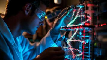 A scientist focuses on intricate circuitry, connecting bio-computer systems in a dimly lit lab. The vibrant lights illuminate the complex equipment, showcasing technological innovation and research. photo