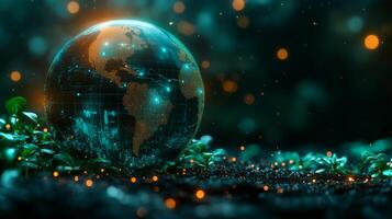 A glowing globe showcases continents and data patterns amidst lush greenery. The backdrop features soft sparkles, creating a mystical atmosphere in a dark environment. photo