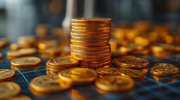 Shiny golden coins are stacked in a neat pile on a table with numerous coins spread out around them, reflecting sunlight and creating an intriguing display. photo