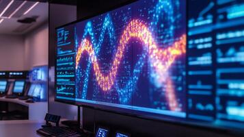 In a modern technology lab, complex AI systems process biological data. Colorful visualizations display algorithms, while nearby computer stations monitor progress in real time. photo