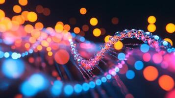 A colorful representation of a DNA structure illuminated by glowing lights depicts the intersection of artificial intelligence and biology. photo