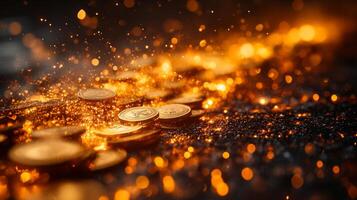 A collection of coins lies scattered on a dark surface, illuminated by a golden glow from tiny particles swirling around, evoking a sense of luxury and abundance. photo