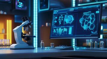 A modern laboratory features a high-tech microscope alongside an advanced computer display. The scene is illuminated with blue light, highlighting intricate digital data and laboratory equipment. photo