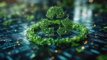 A vibrant green recycling symbol made from leaves is centered within a circular arrangement of foliage. The background features abstract digital elements, creating a modern, eco-friendly atmosphere. photo