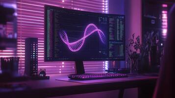 A modern computer desk displays a large monitor filled with vibrant bioinformatics data and AI algorithms. photo